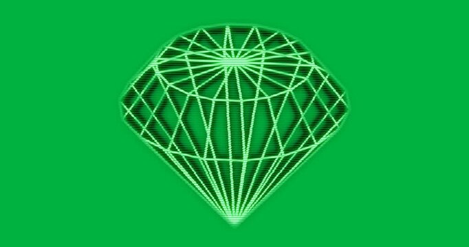Wireframe gem flickering in on transparent backdrop, pulsing and shimmering edges showing neon glow