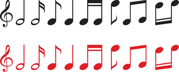music, notes, symbol, icon, audio, sound, melody, rhythm, treble clef, eighth note, sixteenth note, quarter note, half note, whole note, black, red, white, graphic, illustration, vector, isolated, whi