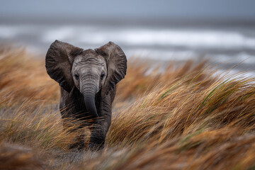 Naklejka premium Young elephant frolics through tall grass by the ocean shoreline