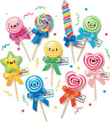 Colorful and fun lollipops arranged in a circular pattern with confetti