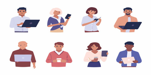 Diverse group of people using laptops smartphones and coffee cups in a modern flat illustration style