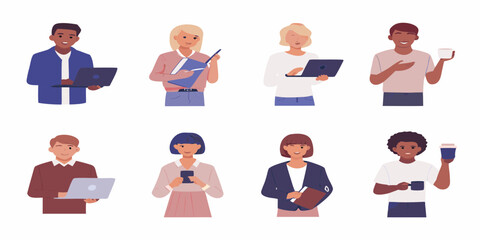 Diverse group of people working and enjoying coffee breaks with laptops and phones