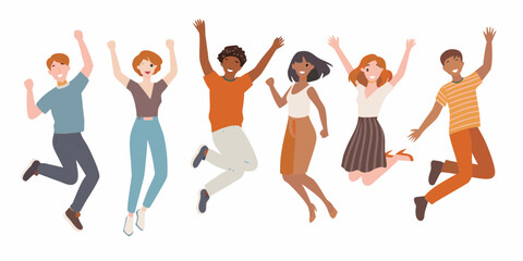 Diverse group of happy young adults jumping in the air celebrating success and freedom