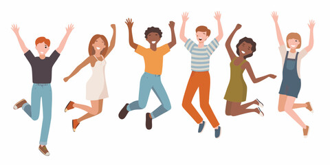 Diverse group of young people jumping and celebrating together with arms raised in the air