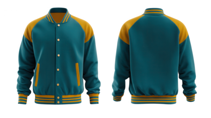 Teal and gold varsity jacket front and back view isolated on transparent background