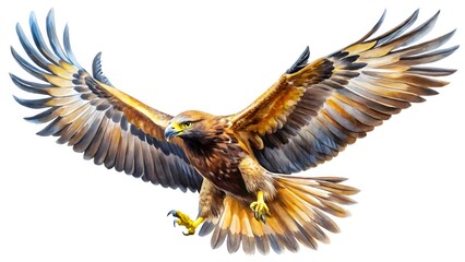 Obraz premium Watercolor illustration of a golden eagle in flight isolated on white background, wings spread wide