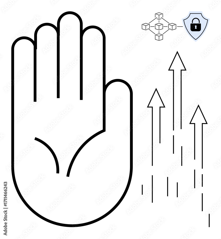 Poster open palm surrounded by blockchain nodes, security shield with lock, and upward arrows. ideal for se