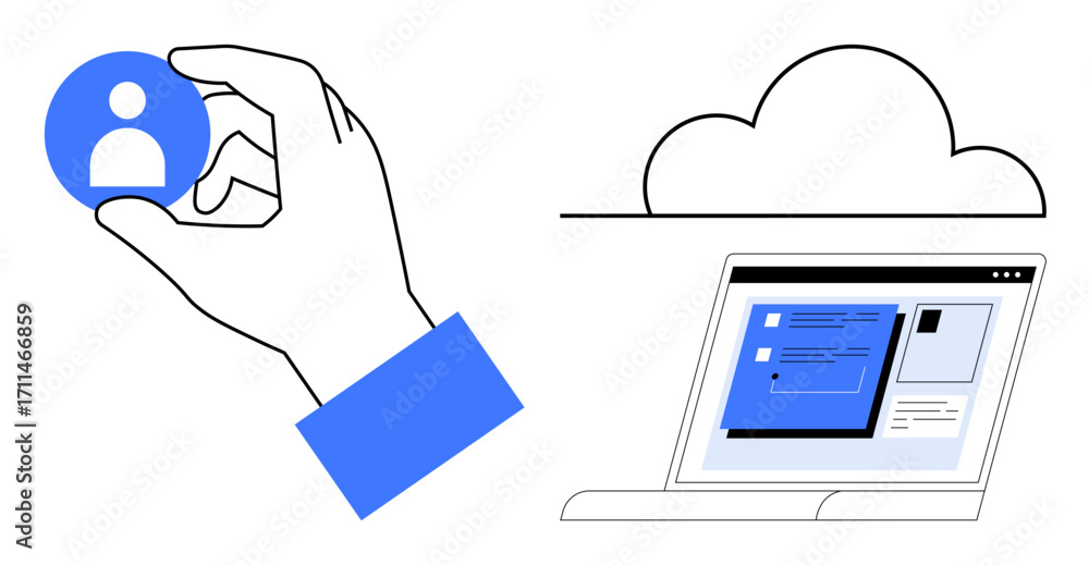 Aufkleber hand holding profile icon, laptop with interface, and cloud symbol. ideal for user management, cloud