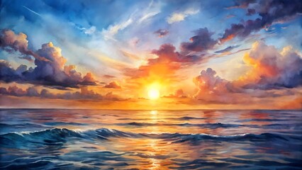 Naklejka premium Dramatic watercolor painting of a sunset over the ocean with colorful clouds and reflections