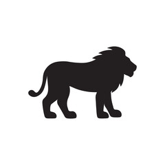 Black silhouette of a majestic lion standing isolated on white background