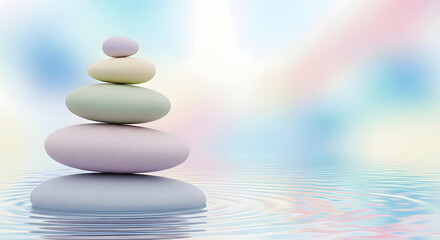 Obraz premium Stack of pastel-colored stones balanced in water, creating ripples against a soft, blurred background.