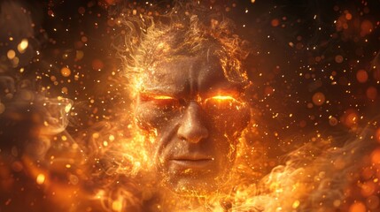 Abstract image of a digital face fragmenting into vibrant orange pixelated patterns