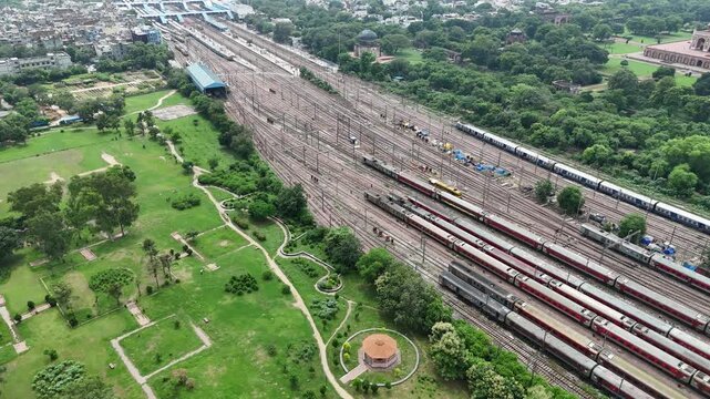 Aerial shot of Railway tracks at Hazrat Nizamuddin Railway Station in New Delhi