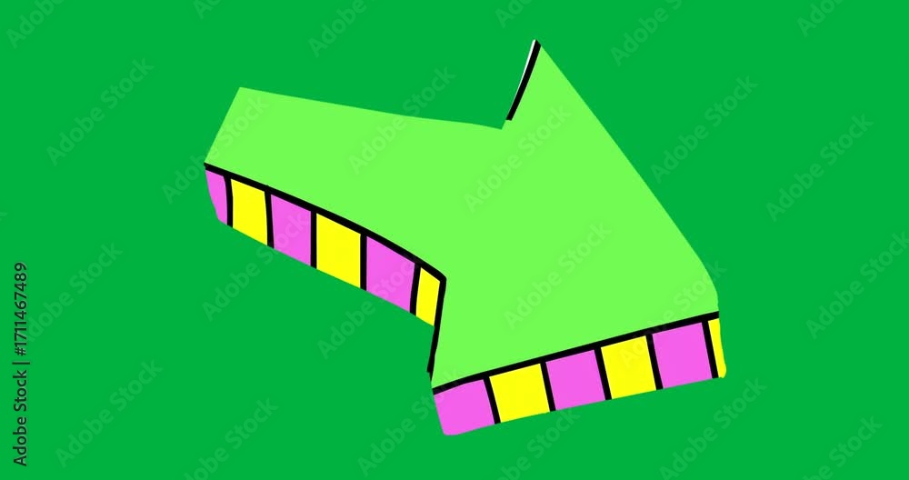 Poster on animation start, arrow fixed triggers stripes sliding left and looping on transparent background