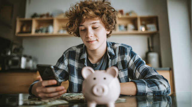 Teenager curly hair plaid shirt sitting at table using smartphone pink piggy bank saving money home interior