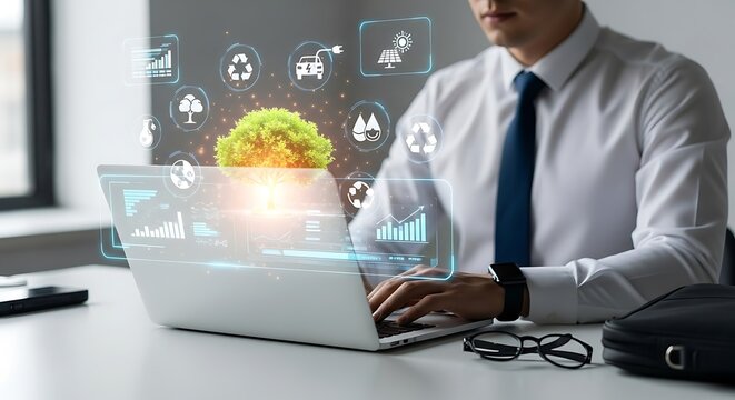 Business executive utilizing laptop for environmental conservation strategies, depicted by green tree and eco-friendly icons