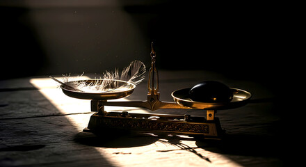 A dark and moody still life. A vintage brass scale with one side holding a black feather and the other holding a polished black stone. A shaft of light illuminates the scene 