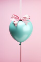 Fototapeta premium Aqua heart balloon with pink ribbon on pastel backdrop