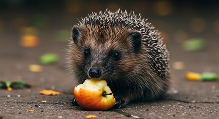 Hedgehog eating apple on ground