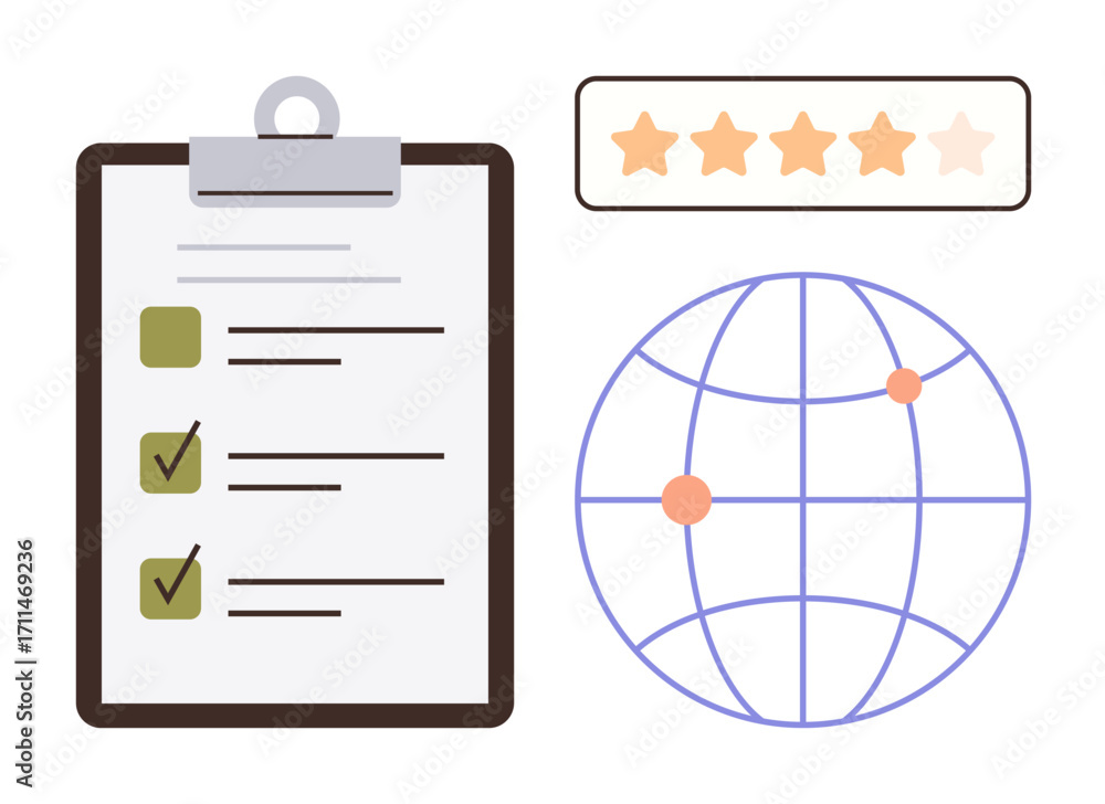Poster checklist with tick marks, 4-star rating scale, globe with location points signify assessment, ratin