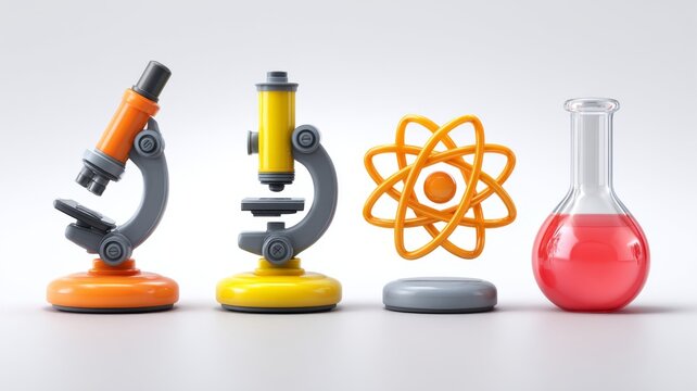 3d science icon set with microscope, test tube, atom, and laboratory beaker isolated on white background for chemistry, biology, physics, medical research, and education vector illustration - Powered by Adobe