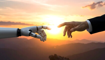 A human and robot hand touch at sunset