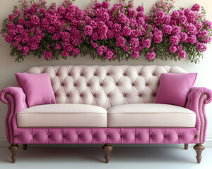 Pink and White Buttoned Sofa 3D Render with Floral Background