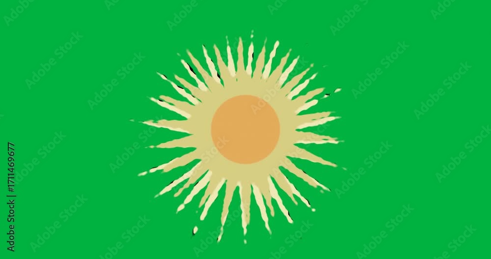 Poster opening sunburst graphic showing rotating yellow rays around orange core on transparent backdrop