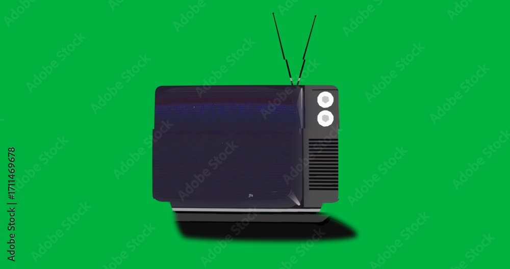 Poster crt tv popping on transparent backdrop flickering static, glitch bars showing signal interference
