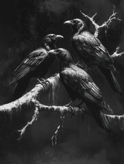 A stark, black-and-white illustration of three ravens perched on a gnarled, icy branch against a dark, textured background, conveying a sense of cold and mystery.