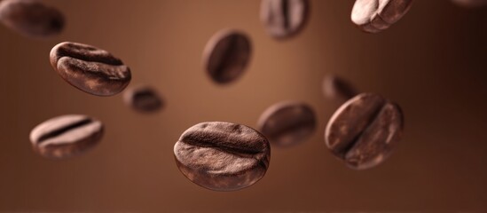 Roasted coffee beans falling against brown background creating a dynamic composition, ideal for advertising coffee products