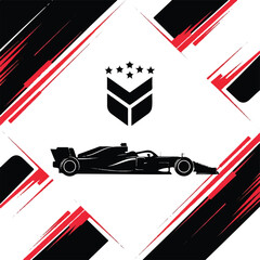 Dynamic graphic featuring a black Formula 1 race car silhouette with a star emblem on a white background framed by red and black diagonal lines.
