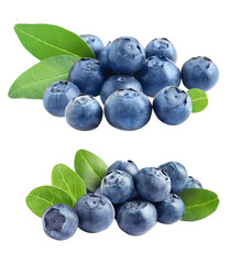 two piles of juicy blueberries with vibrant green leaves