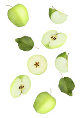green apple slices and halves on a transparent background