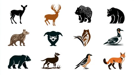 Collection of animal logo designs, creative wildlife emblem set, modern vector illustration of animals in minimal and abstract style, isolated on white background for branding, identity, decoration, a