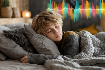 Young caucasian teen sleeping peacefully with colorful sound waves in background