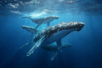 Fototapeta premium Humpback whale family gracefully maneuvering through the pristine ocean depths