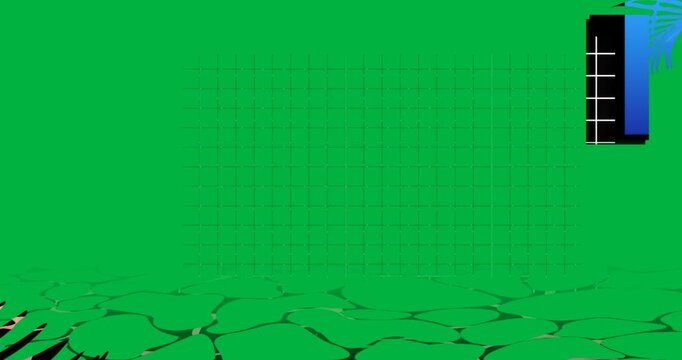 Grid and floor fading, magenta dolphin swimming leftward, blue leaf sliding in transparent bg