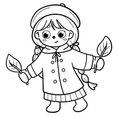 Cute Girl in Autumn Outfit Line Art
