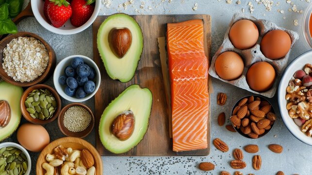 Essential guide to healthy fats  incorporating salmon, eggs, avocado, nuts, seeds, and berries
