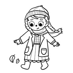 Autumn Kid in Coat and Scarf – Line Art