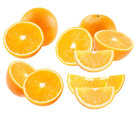 arrangement of whole and sliced oranges against a contrasting transparent background