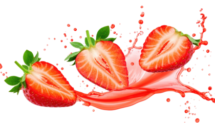 Fresh strawberries in a vibrant juice splash