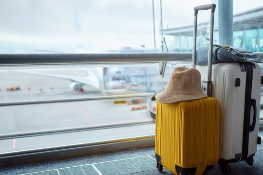 Yellow and white suitcases with a straw hat are waiting at the airport terminal with a large airplane and airport runway in background