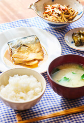 Japanese Set Meal with Miso Simmered Mackerel, Rice and Miso Soup
