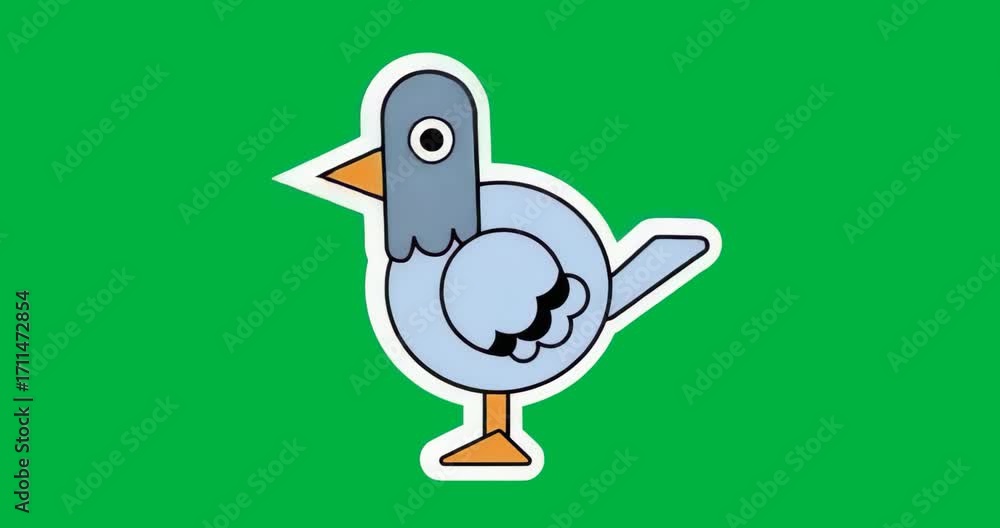 Aufkleber on play flat design pigeon on transparent backdrop flickering blue outline and blinking eye in loop
