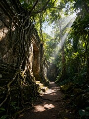 Obraz premium Jungle Path Through Ancient Ruins in Amazon with Sunbeams