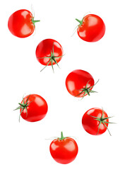 scattered ripe tomatoes with stems on a transparent background