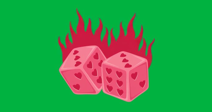 On loop pink heart dice over transparent field while bicolor flame flickering behind, adding pulse