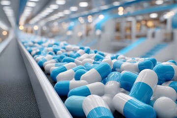 Fototapeta premium Blue and white capsules on production line in pharmaceutical factory